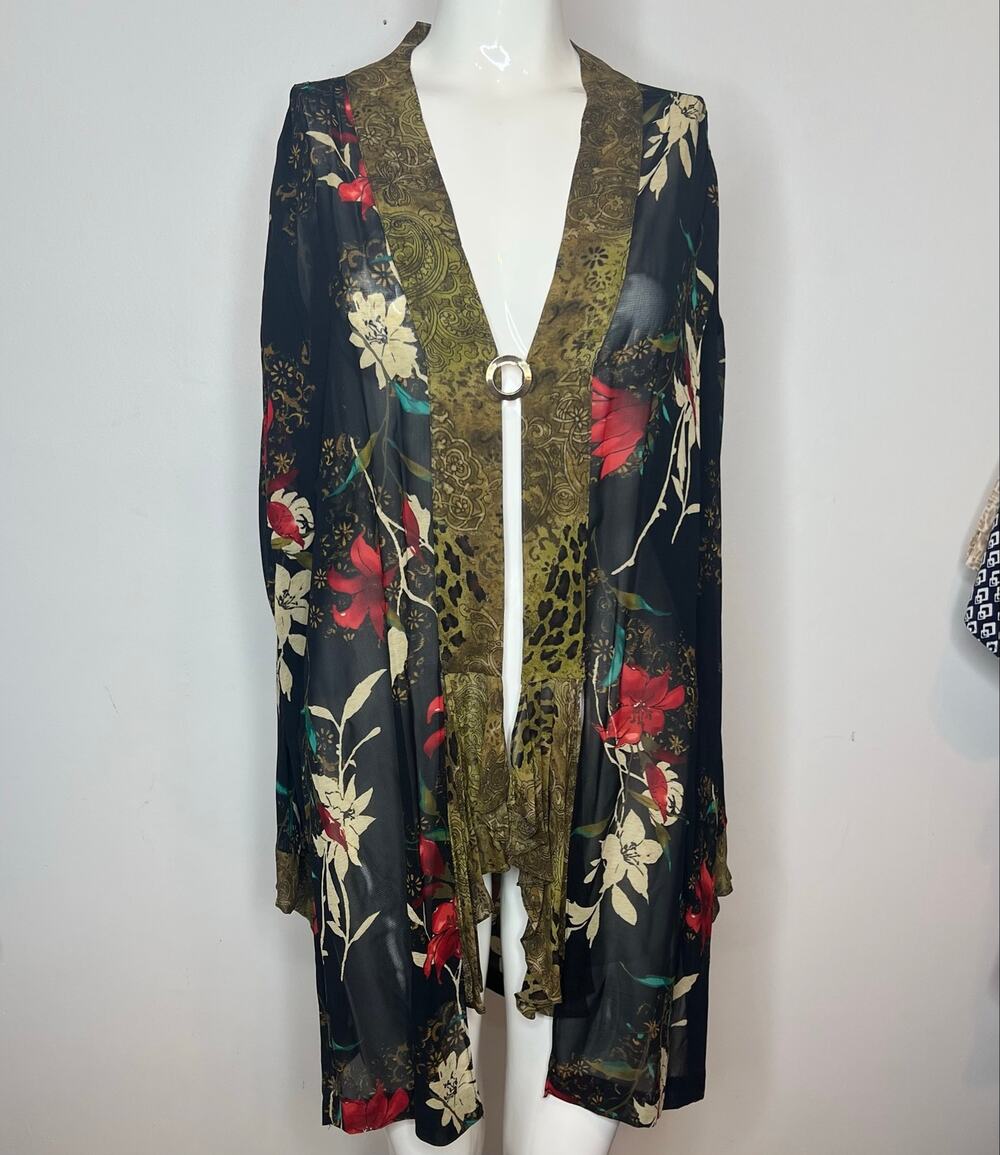 FRANCESCA ROSE |Black, Green Floral Kimono with Long Sleeves Ruffle/Loose Tie| S
